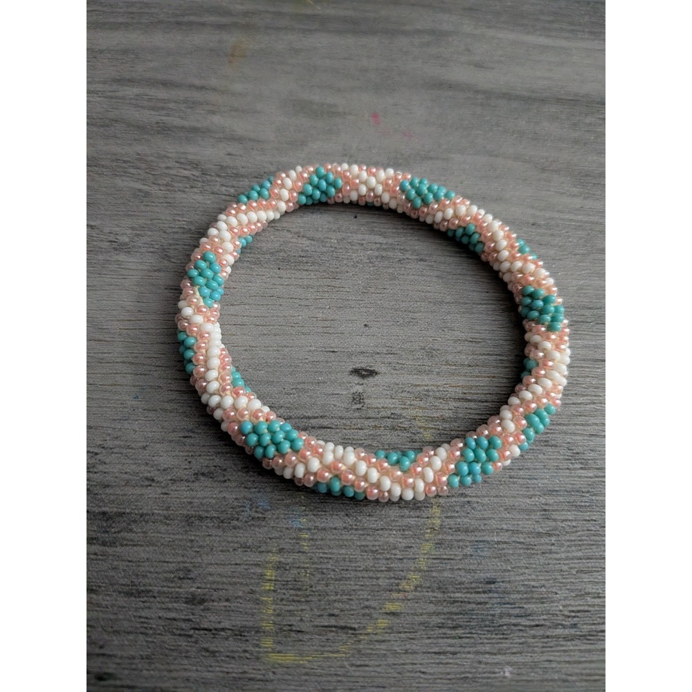 Handmade Beaded Roll On Bracelet Turquoise Peach White Spiral Crochet Bangle